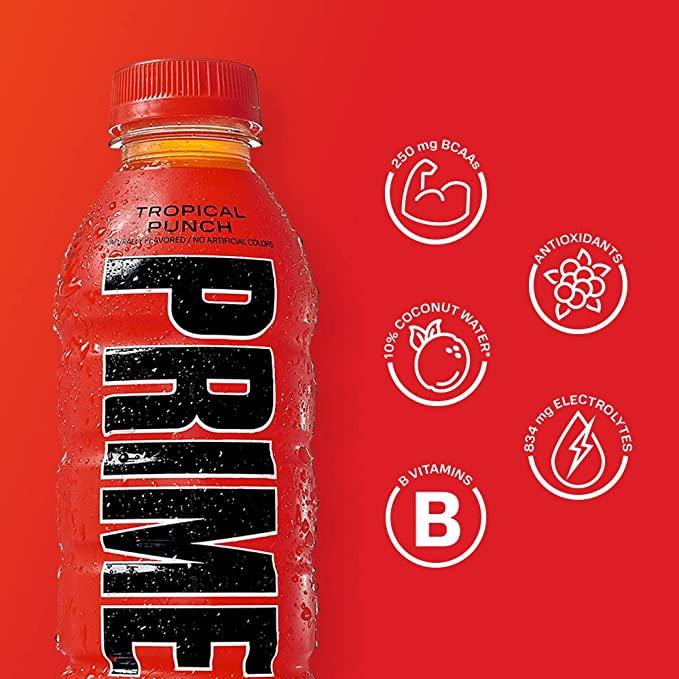 Prime Hydration Drink Sports Beverage "TROPICAL PUNCH," Naturally Flavored, 10% Coconut Water, 250mg BCAAs, B Vitamins, Antioxidants, 835mg Electrolytes, 25 Calories per 16.9 Fl Oz Bottle - Life of Riley Supplements Trading LLC